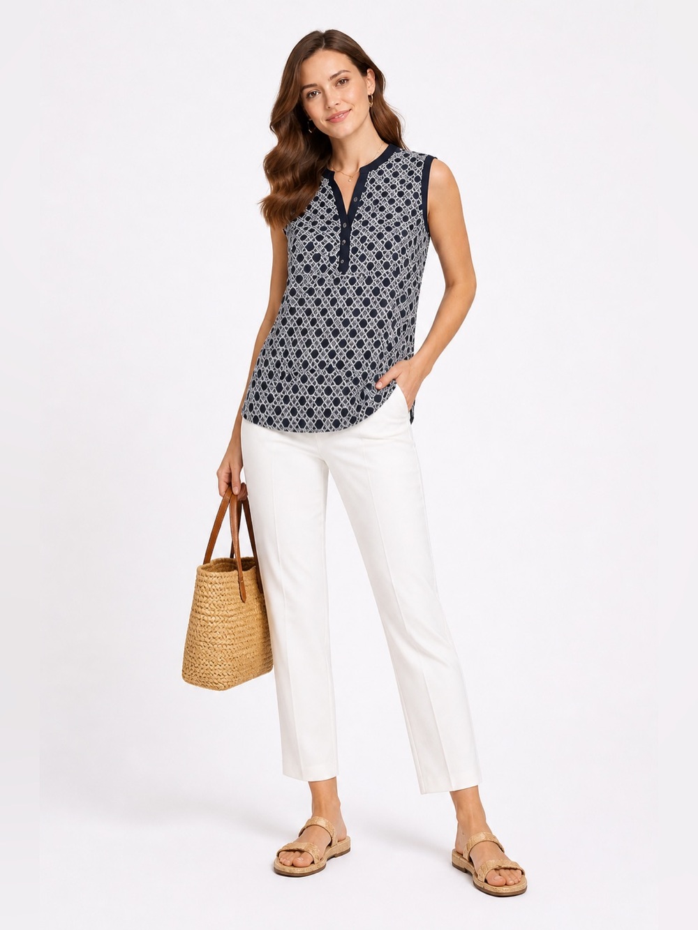 The Limited White and Blue Blouse with Mandarin Collar